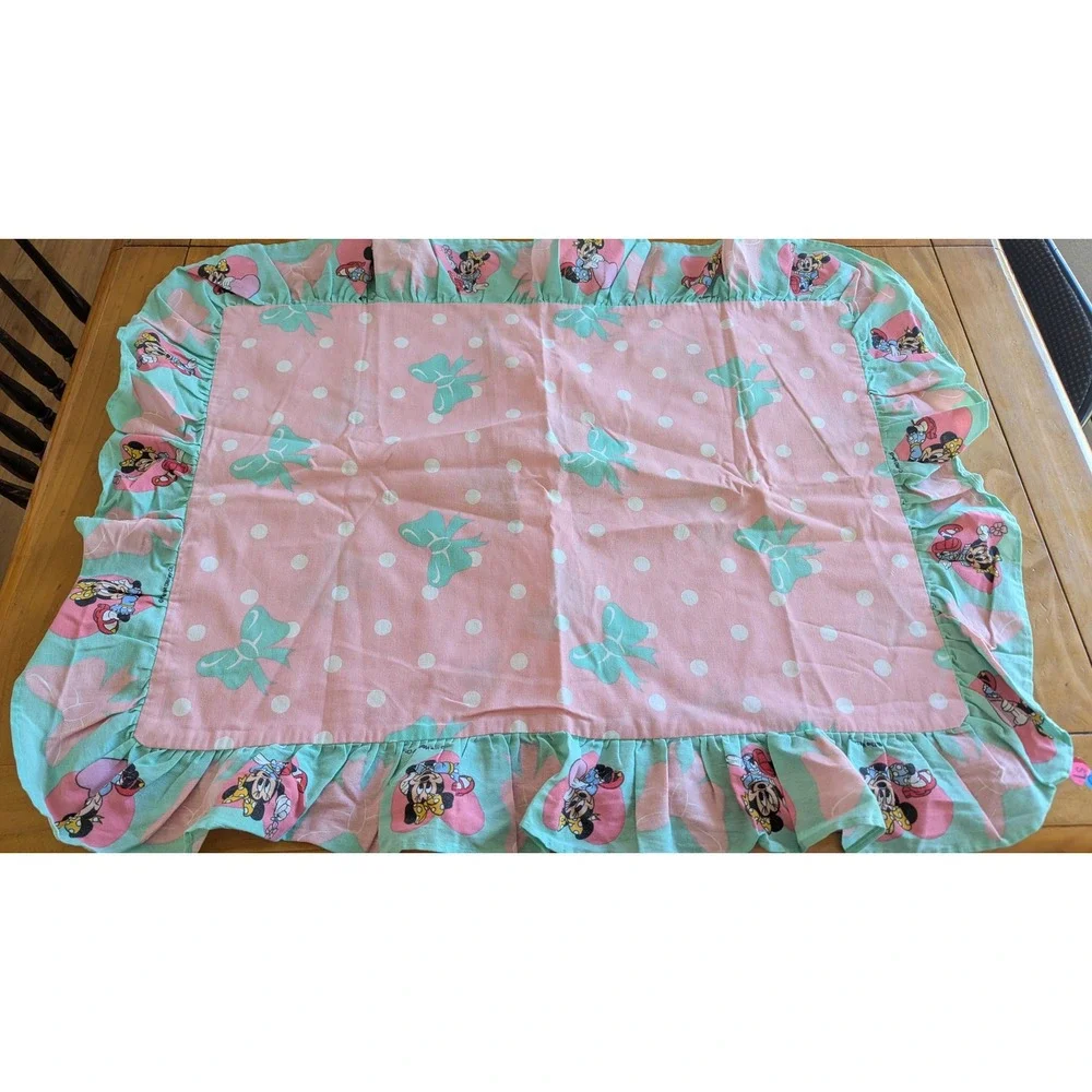 Vintage Disney Minnie Mouse Ruffled Pillow Sham Pink Teal Polka Dot Bows 90s